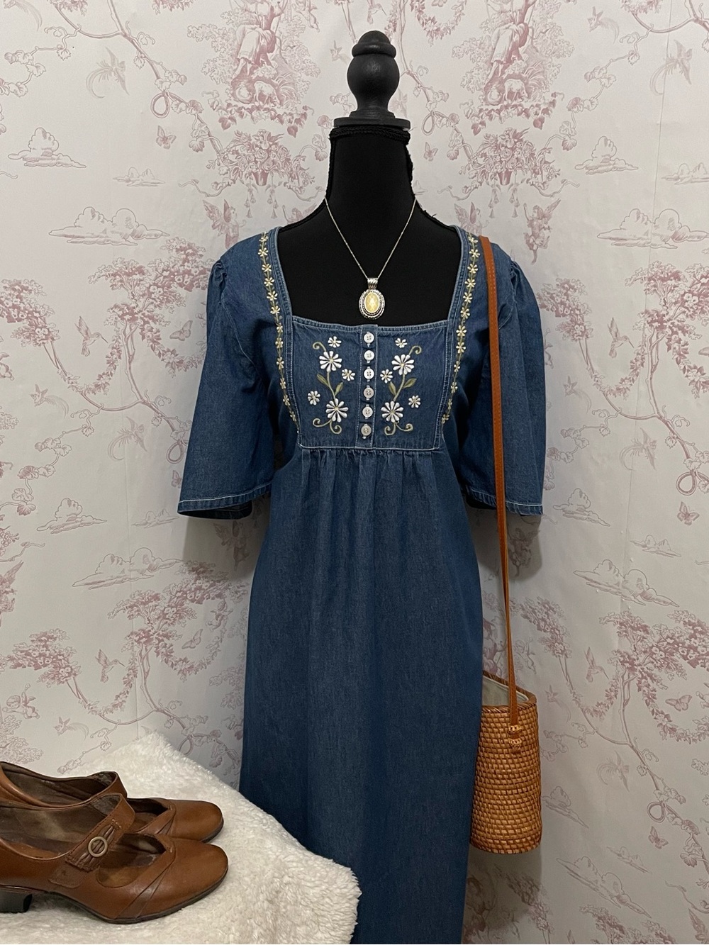 Phases floral Embroidered Denim Midi Dress size large